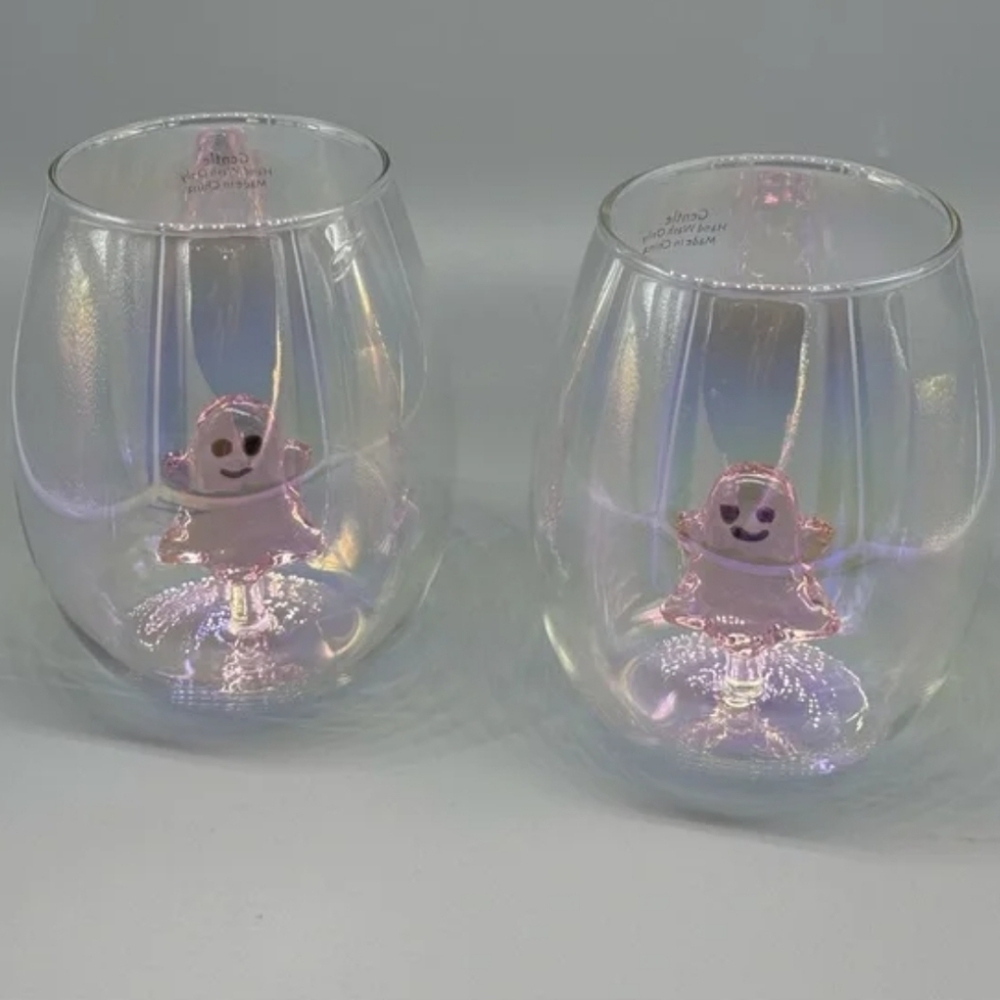 2 Pink FLOATING GHOST Hand Blown 3D Whimsical HALLOWEEN Stemless WINE GLASSES